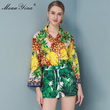 MoaaYina Fashion Designer Set Spring Summer Women Long sleeve Pineapple Print Shirt Tops+Shorts Vacation Two-piece set