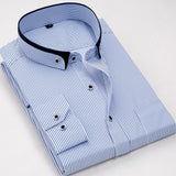 Fashion stand double collar slim fit non-iron striped business men dress shirts long sleeve party meeting male tops