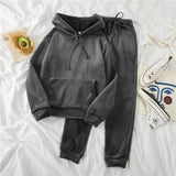 Mooirue Autumn Winter Pleuche Thickening Pants Set Women Hooded Pullover Sweatshirt+Elastic  Long Pant Warm Matching Set