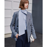AEL Gray blue wool Women's Blazer Long Sleeve Lapel Collar Pocket Female jacket Coat Spring Office Lady Fashion Clothin