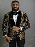 2020 Elegant Brand Black Gold Floral Men Suits With Pants Groom Suit Smoking Tuxedo Jacket Wedding Suits For Men Best Man Blazer