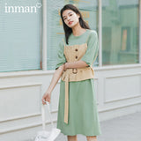 INMAN 2020 Summer New Arriavl Dissymmetry Nipped Waist Waistcoat With Short Sleeve Dress Two-piece Dress