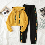 Mooirue Autumn Women Sports 2 Piece Sets Casual Streetwear Short Hooded Pullover Elastic Letter Printed Trousers Women Tracksuit