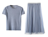 WARMSWAY Silver Shiny Lurex Knitted Womens Two Piece Sets  O-Neck Short Sleeve T shirt  + High Waist mesh Skirt C-069