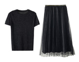 WARMSWAY Silver Shiny Lurex Knitted Womens Two Piece Sets  O-Neck Short Sleeve T shirt  + High Waist mesh Skirt C-069