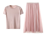 WARMSWAY Silver Shiny Lurex Knitted Womens Two Piece Sets  O-Neck Short Sleeve T shirt  + High Waist mesh Skirt C-069