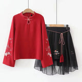 YUPINCIAGA Women's Two Piece Sets Literary Style Mesh Skirt Floral Eembroidery  Long Sleeve Blouse and Mesh Skirt Clothing Set
