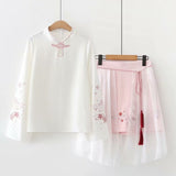 YUPINCIAGA Women's Two Piece Sets Literary Style Mesh Skirt Floral Eembroidery  Long Sleeve Blouse and Mesh Skirt Clothing Set