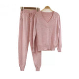 Women Knitted Tracksuit V-neck Sweater Casual Suit Autumn Winter 2 Piece Set Knit Pants Sporting Suit Femme Clothing