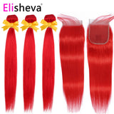 Indian Red Ombre Hair Bundles With Closure Remy Straight Red Human Hair Accessories With Baby Hair Pre plucked Hair Extentions