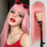 Long Straight Wine Red Wig With Bangs Synthetic Hair Wigs Bang With Wig For Women Wine Red Heat Resistant Wigs