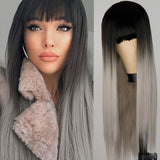 Long Straight Wine Red Wig With Bangs Synthetic Hair Wigs Bang With Wig For Women Wine Red Heat Resistant Wigs