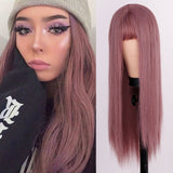 Long Straight Wine Red Wig With Bangs Synthetic Hair Wigs Bang With Wig For Women Wine Red Heat Resistant Wigs