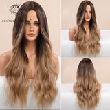 Blonde Unicorn Ombre Blonde Brown Long Wig Middle Part Hair Wig Cosplay Natural Wavy Heat Resistant Synthetic Wigs for Women