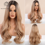 Blonde Unicorn Ombre Blonde Brown Long Wig Middle Part Hair Wig Cosplay Natural Wavy Heat Resistant Synthetic Wigs for Women