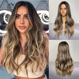 Blonde Unicorn Ombre Blonde Brown Long Wig Middle Part Hair Wig Cosplay Natural Wavy Heat Resistant Synthetic Wigs for Women