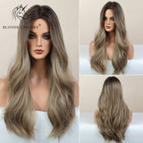 Blonde Unicorn Ombre Blonde Brown Long Wig Middle Part Hair Wig Cosplay Natural Wavy Heat Resistant Synthetic Wigs for Women