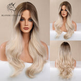 Blonde Unicorn Ombre Blonde Brown Long Wig Middle Part Hair Wig Cosplay Natural Wavy Heat Resistant Synthetic Wigs for Women
