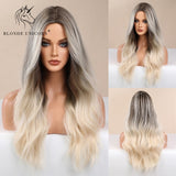 Blonde Unicorn Ombre Blonde Brown Long Wig Middle Part Hair Wig Cosplay Natural Wavy Heat Resistant Synthetic Wigs for Women