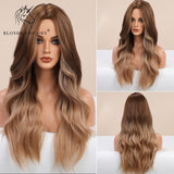 Blonde Unicorn Ombre Blonde Brown Long Wig Middle Part Hair Wig Cosplay Natural Wavy Heat Resistant Synthetic Wigs for Women