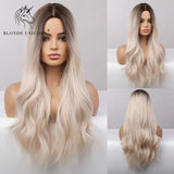 Blonde Unicorn Ombre Blonde Brown Long Wig Middle Part Hair Wig Cosplay Natural Wavy Heat Resistant Synthetic Wigs for Women