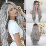 Blonde Unicorn Ombre Blonde Brown Long Wig Middle Part Hair Wig Cosplay Natural Wavy Heat Resistant Synthetic Wigs for Women