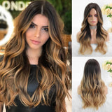 Blonde Unicorn Ombre Blonde Brown Long Wig Middle Part Hair Wig Cosplay Natural Wavy Heat Resistant Synthetic Wigs for Women