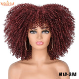 Short Hair Afro Kinky Curly Wigs With Bangs For Black Women African Synthetic Ombre Glueless Cosplay Wigs High Temperature 14"