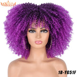 Short Hair Afro Kinky Curly Wigs With Bangs For Black Women African Synthetic Ombre Glueless Cosplay Wigs High Temperature 14"