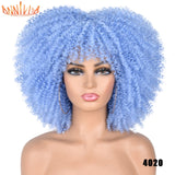 Short Hair Afro Kinky Curly Wigs With Bangs For Black Women African Synthetic Ombre Glueless Cosplay Wigs High Temperature 14"