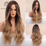 Blonde Unicorn Ombre Blonde Brown Long Wig Middle Part Hair Wig Cosplay Natural Wavy Heat Resistant Synthetic Wigs for Women