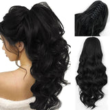 Vigorous Long Body Wavy Drawstring Ponytail  for Women Synthetic Wave Hair Extension Clip in Hairpiece Black Fake Hair