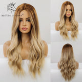 Blonde Unicorn Ombre Blonde Brown Long Wig Middle Part Hair Wig Cosplay Natural Wavy Heat Resistant Synthetic Wigs for Women